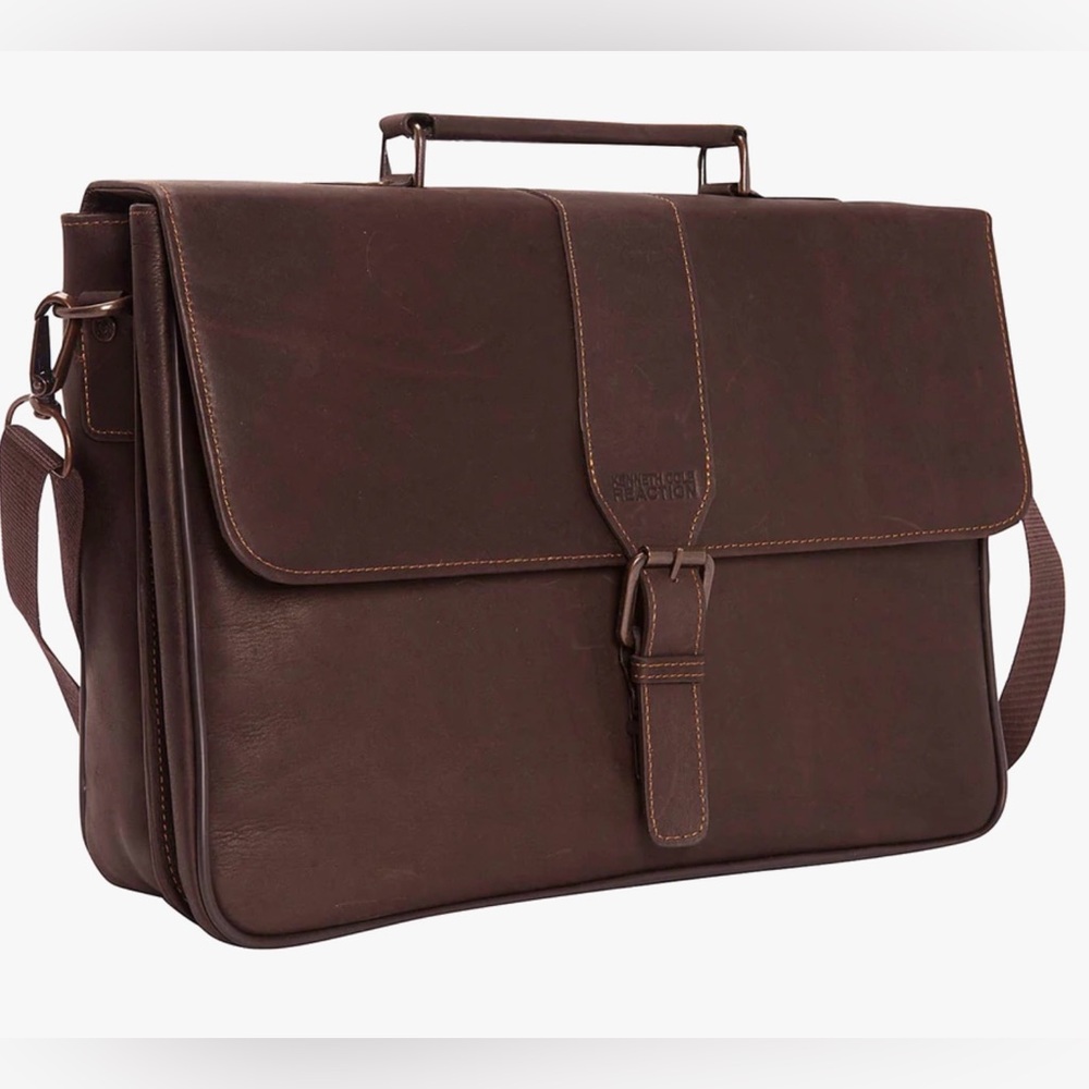 Kenneth Cole Reaction Till Death Do Us Port Brown Leather Laptop Briefcase